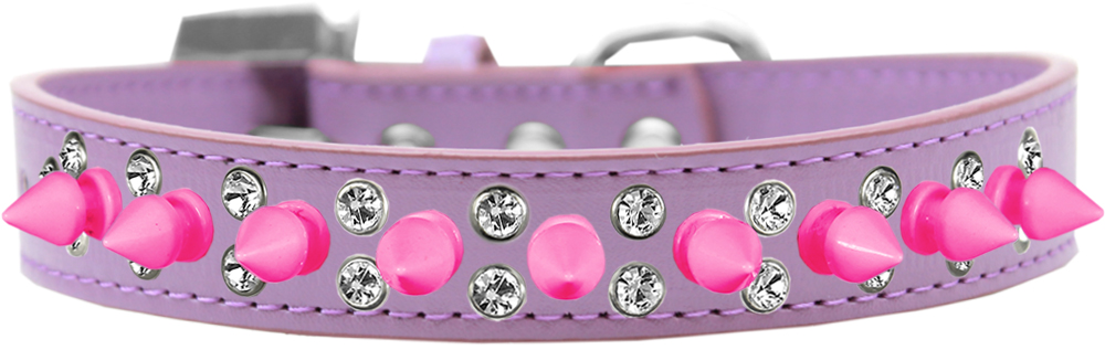 Double Crystal and Bright Pink Spikes Dog Collar Lavender Size 14
